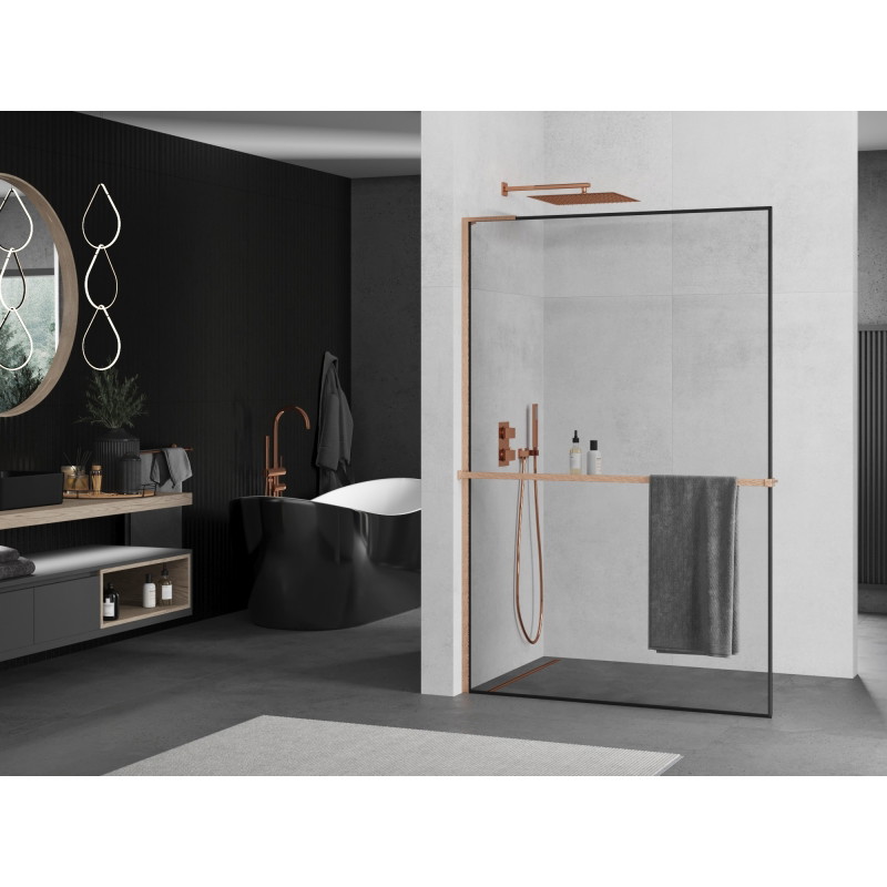 Mexen Kioto+ L paroi de douche avec étagère Walk-in 110 x 200 cm, cadre noir, cuivre brossé - 800-110-123-65-70