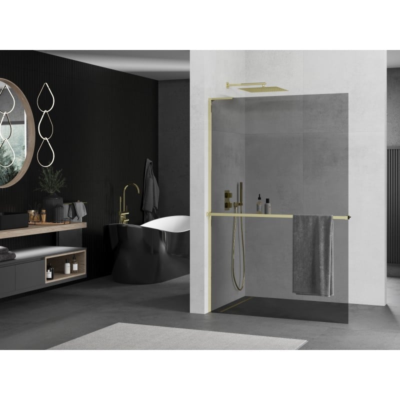 Mexen Kioto+ L paroi de douche avec étagère Walk-in 80 x 200 cm, graphite, doré - 800-080-123-50-40