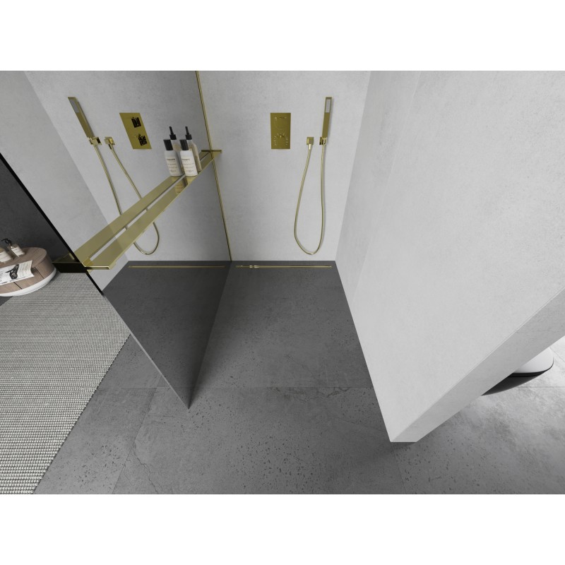 Mexen Kioto+ L paroi de douche avec étagère Walk-in 120 x 200 cm, miroir, doré - 800-120-123-50-50