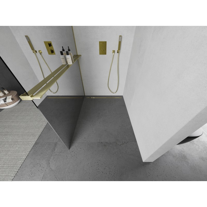 Mexen Kioto+ L paroi de douche avec étagère Walk-in 110 x 200 cm, miroir, or brossé - 800-110-123-55-50
