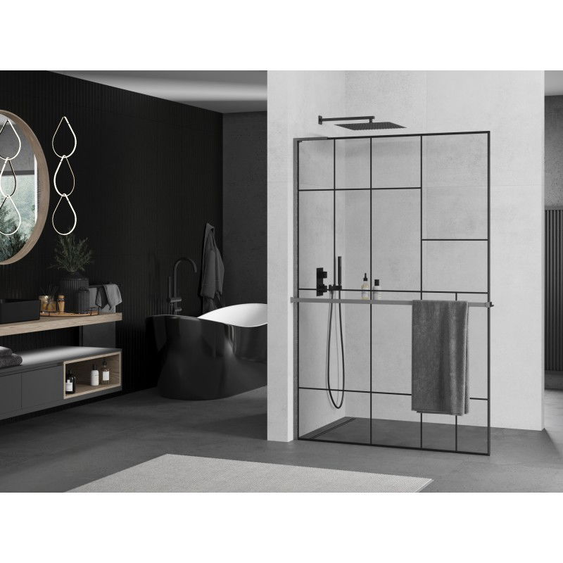 Mexen Kioto+ L paroi de douche avec étagère Walk-in 70 x 200 cm, motif noir, gun gray brossé - 800-070-123-66-78