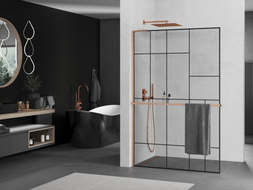 Mexen Kioto+ L paroi de douche avec étagère Walk-in 110 x 200 cm, motif noir, cuivre brossé - 800-110-123-65-78