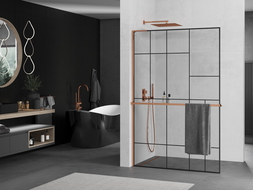 Mexen Kioto+ L paroi de douche avec étagère Walk-in 90 x 200 cm, motif noir, or rose - 800-090-123-60-78