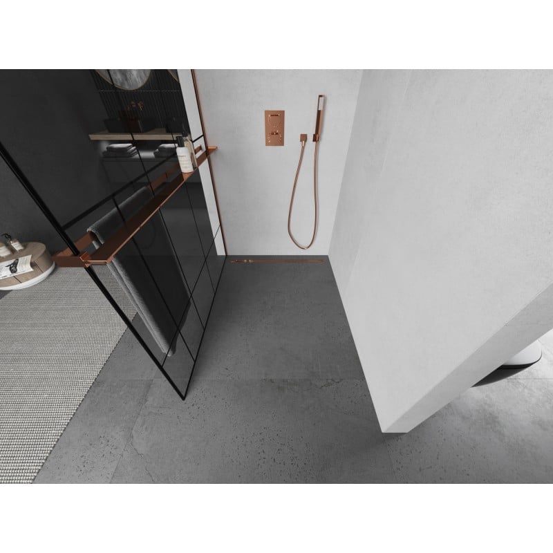 Mexen Kioto+ L paroi de douche avec étagère Walk-in 110 x 200 cm, motif noir, or rose - 800-110-123-60-78