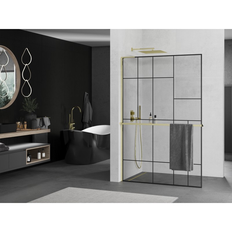 Mexen Kioto+ L paroi de douche avec étagère Walk-in 70 x 200 cm, motif noir, doré - 800-070-123-50-78