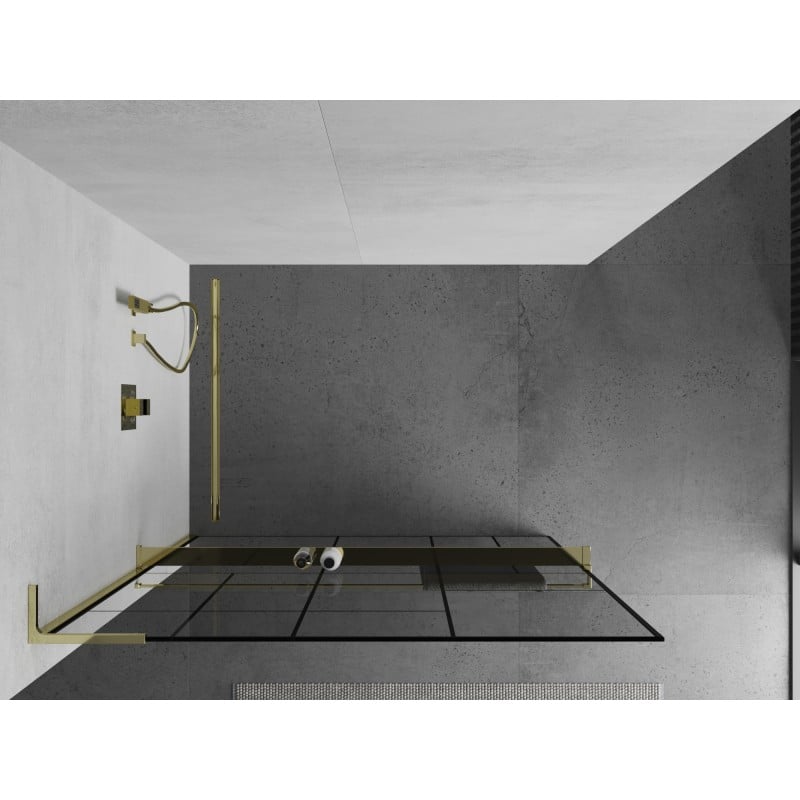 Mexen Kioto+ L paroi de douche avec étagère Walk-in 110 x 200 cm, motif noir, doré - 800-110-123-50-78
