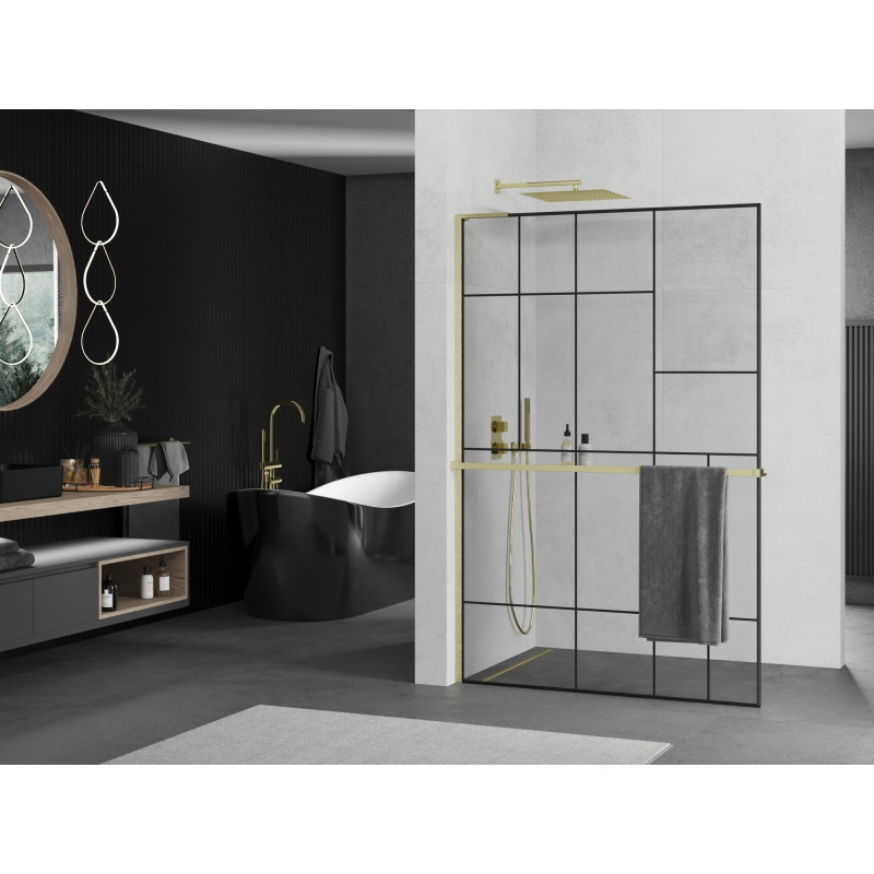 Mexen Kioto+ L paroi de douche avec étagère Walk-in 110 x 200 cm, motif noir, or brossé - 800-110-123-55-78