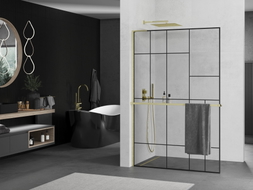Mexen Kioto+ L paroi de douche avec étagère Walk-in 110 x 200 cm, motif noir, or brossé - 800-110-123-55-78