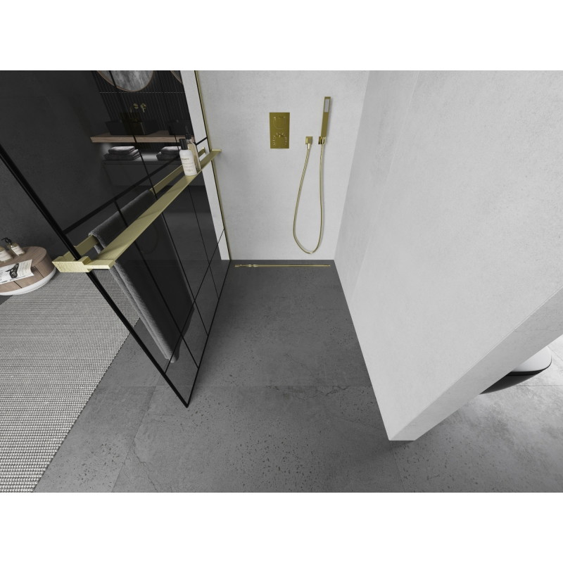 Mexen Kioto+ L paroi de douche avec étagère Walk-in 110 x 200 cm, motif noir, or brossé - 800-110-123-55-78