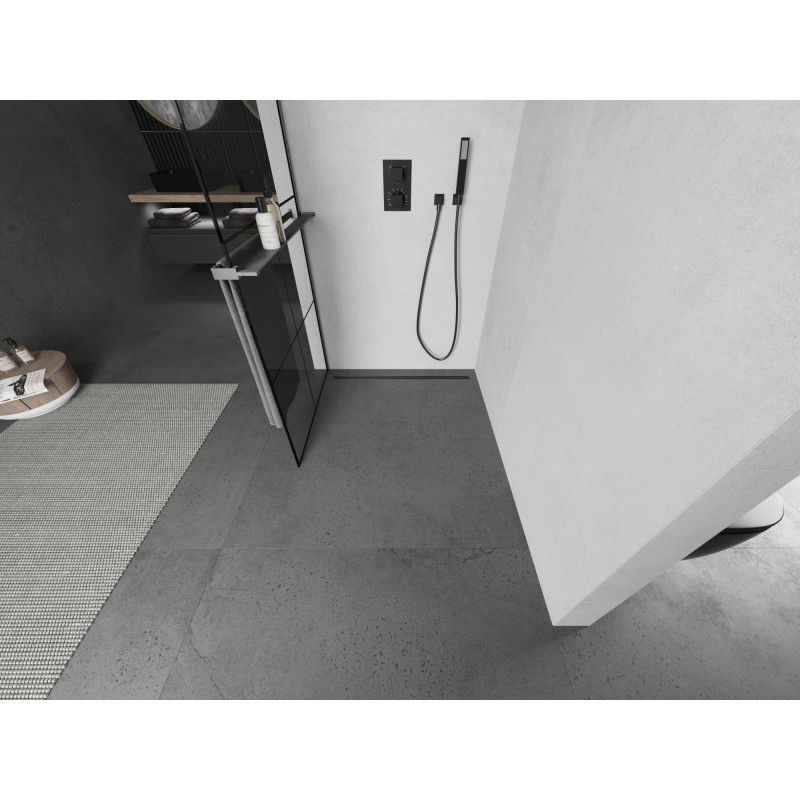 Mexen Kioto+ L paroi de douche avec étagère Walk-in 90 x 200 cm, grille noire, gris canon brossé - 800-090-123-66-77