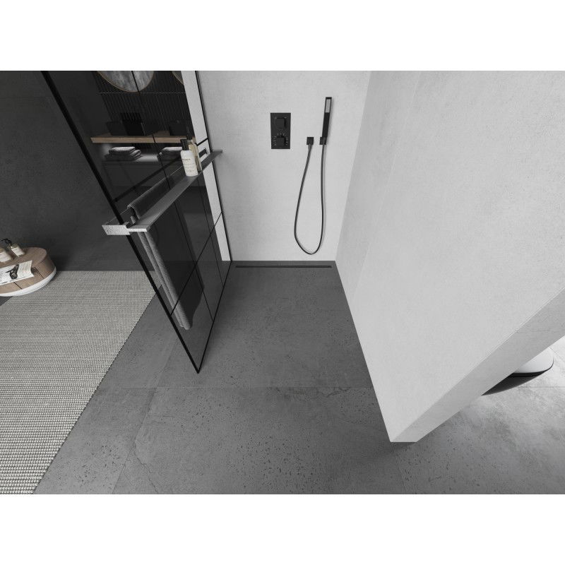 Mexen Kioto+ L paroi de douche avec étagère Walk-in 110 x 200 cm, grille noire, gun gray brossé - 800-110-123-66-77