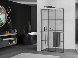 Mexen Kioto+ L paroi de douche avec étagère Walk-in 120 x 200 cm, grille noire, gris canon brossé - 800-120-123-66-77