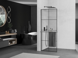 Mexen Kioto+ L paroi de douche avec étagère Walk-in 90 x 200 cm, grille noire, gun metal - 800-090-123-95-77