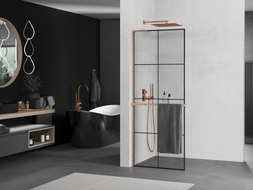 Mexen Kioto+ L paroi de douche avec étagère Walk-in 70 x 200 cm, motif noir, laiton brossé - 800-070-123-65-77