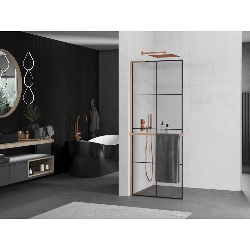 Mexen Kioto+ L paroi de douche avec étagère Walk-in 90 x 200 cm, grille noire, cuivre brossé - 800-090-123-65-77