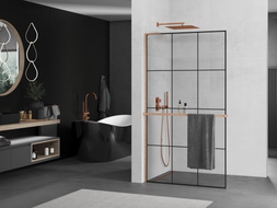 Mexen Kioto+ L paroi de douche avec étagère Walk-in 100 x 200 cm, grille noire, cuivre brossé - 800-100-123-65-77