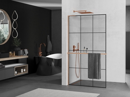 Mexen Kioto+ L paroi de douche avec étagère Walk-in 110 x 200 cm, motif noir, laiton brossé - 800-110-123-65-77
