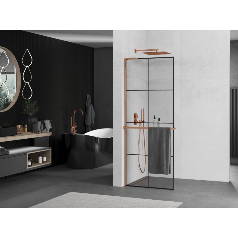 Mexen Kioto+ L paroi de douche avec étagère Walk-in 80 x 200 cm, grille noire, or rose - 800-080-123-60-77