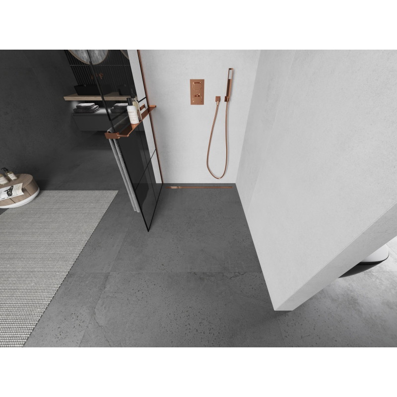 Mexen Kioto+ L paroi de douche avec étagère Walk-in 80 x 200 cm, grille noire, or rose - 800-080-123-60-77