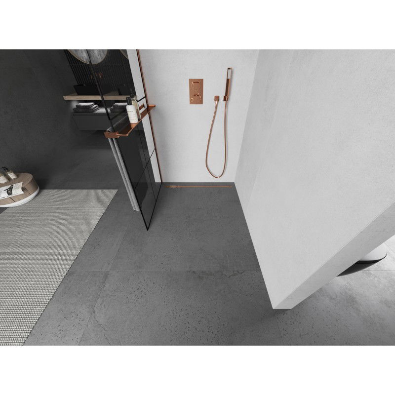 Mexen Kioto+ L paroi de douche avec étagère Walk-in 90 x 200 cm, quadrillage noir, or rose - 800-090-123-60-77