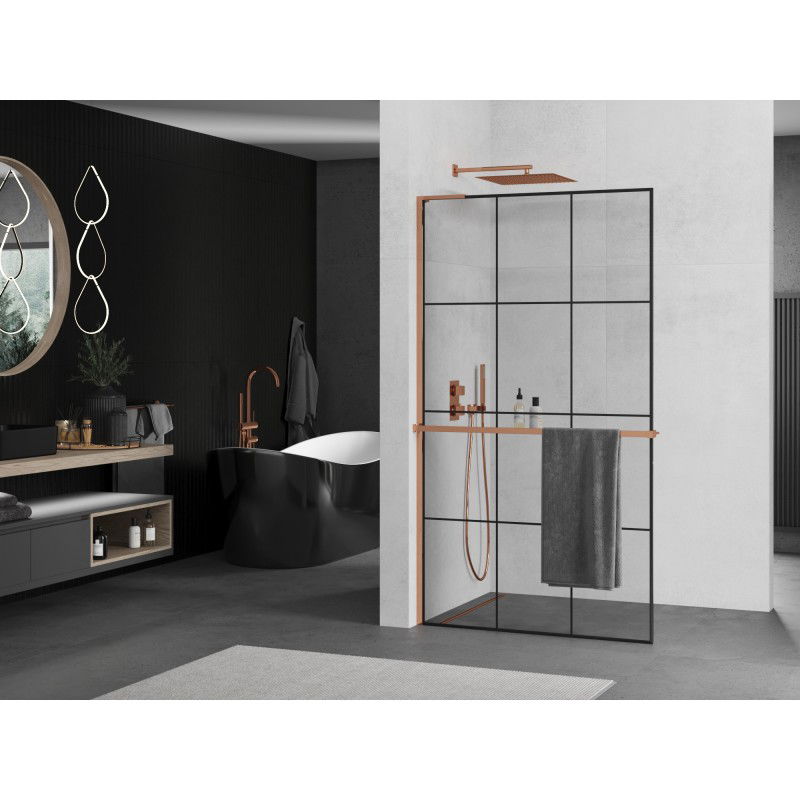 Mexen Kioto+ L paroi de douche avec étagère Walk-in 110 x 200 cm, grille noire, or rose - 800-110-123-60-77