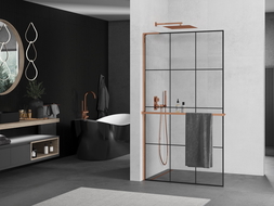 Mexen Kioto+ L paroi de douche avec étagère Walk-in 110 x 200 cm, grille noire, or rose - 800-110-123-60-77