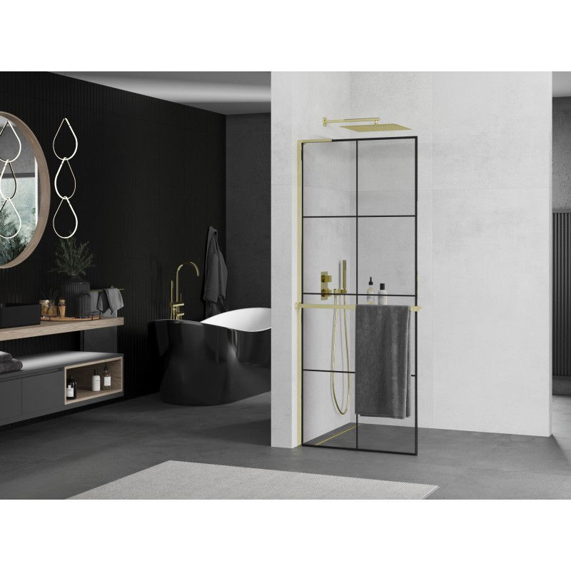 Mexen Kioto+ L paroi de douche avec étagère Walk-in 90 x 200 cm, grille noire, or - 800-090-123-50-77