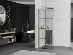 Mexen Kioto+ L paroi de douche avec étagère Walk-in 90 x 200 cm, grille noire, or - 800-090-123-50-77