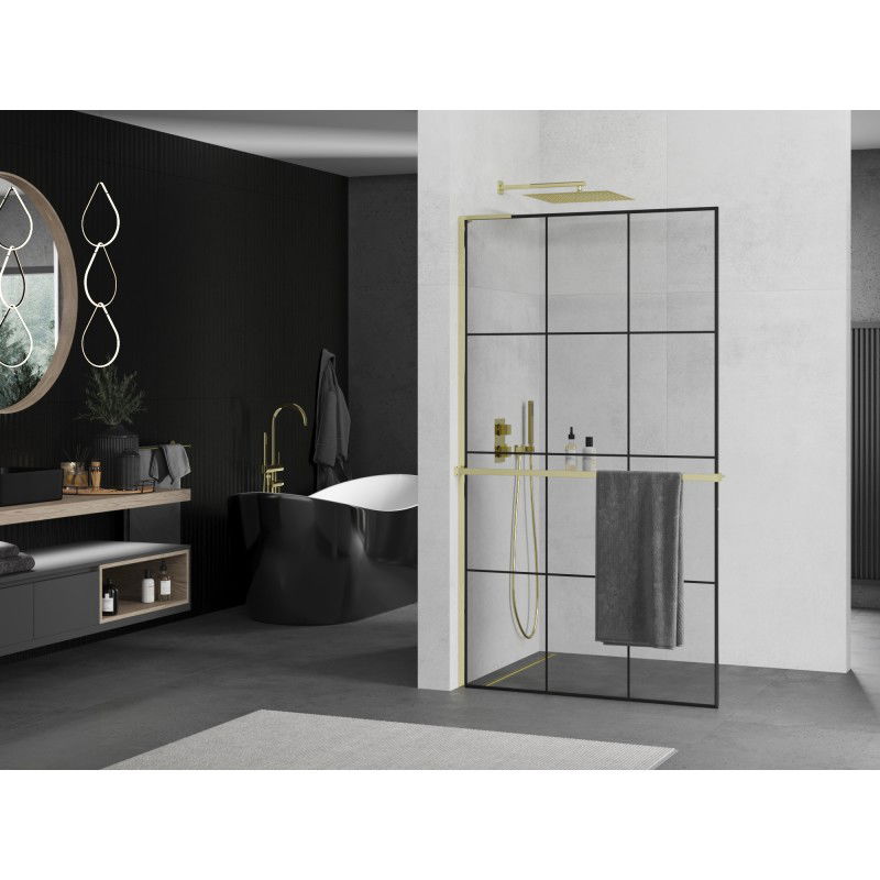 Mexen Kioto+ L paroi de douche avec étagère Walk-in 100 x 200 cm, grille noire, or - 800-100-123-50-77