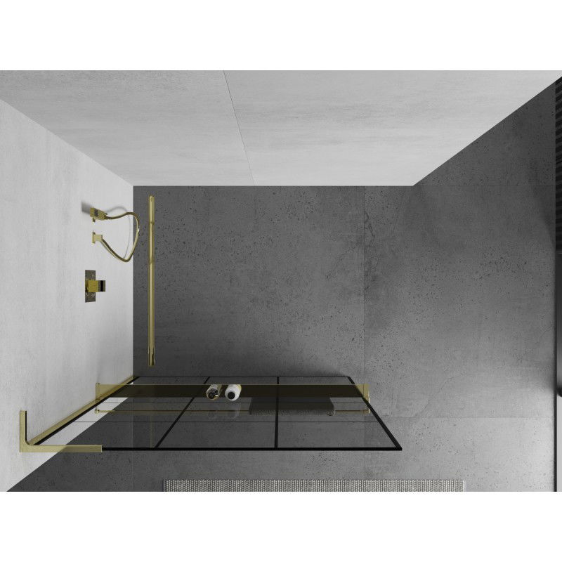 Mexen Kioto+ L paroi de douche avec étagère Walk-in 110 x 200 cm, grille noire, dorée - 800-110-123-50-77