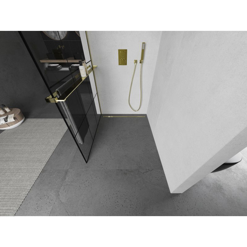 Mexen Kioto+ L paroi de douche avec étagère Walk-in 120 x 200 cm, grille noire, dorée - 800-120-123-50-77