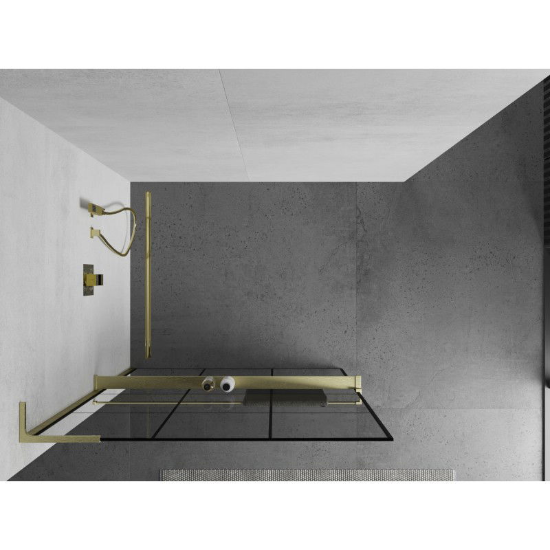 Mexen Kioto+ L paroi de douche avec étagère Walk-in 100 x 200 cm, quadrillage noir, or brossé - 800-100-123-55-77