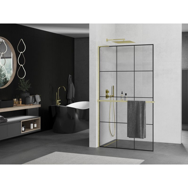 Mexen Kioto+ L paroi de douche avec étagère Walk-in 110 x 200 cm, grille noire, or brossé - 800-110-123-55-77