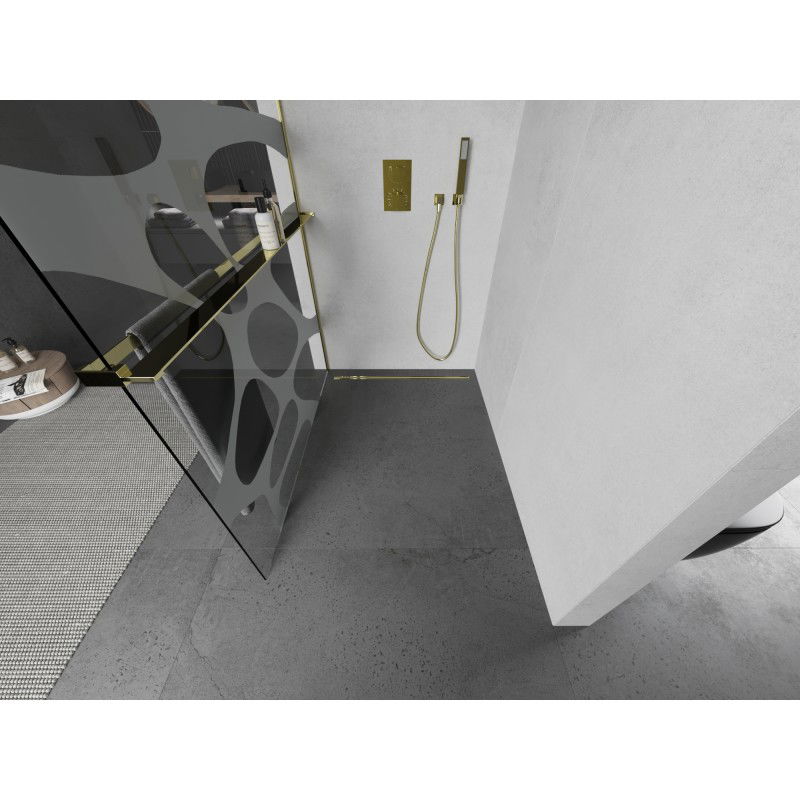 Mexen Kioto+ L paroi de douche avec étagère Walk-in 70 x 200 cm, vague blanche, dorée - 800-070-123-50-97