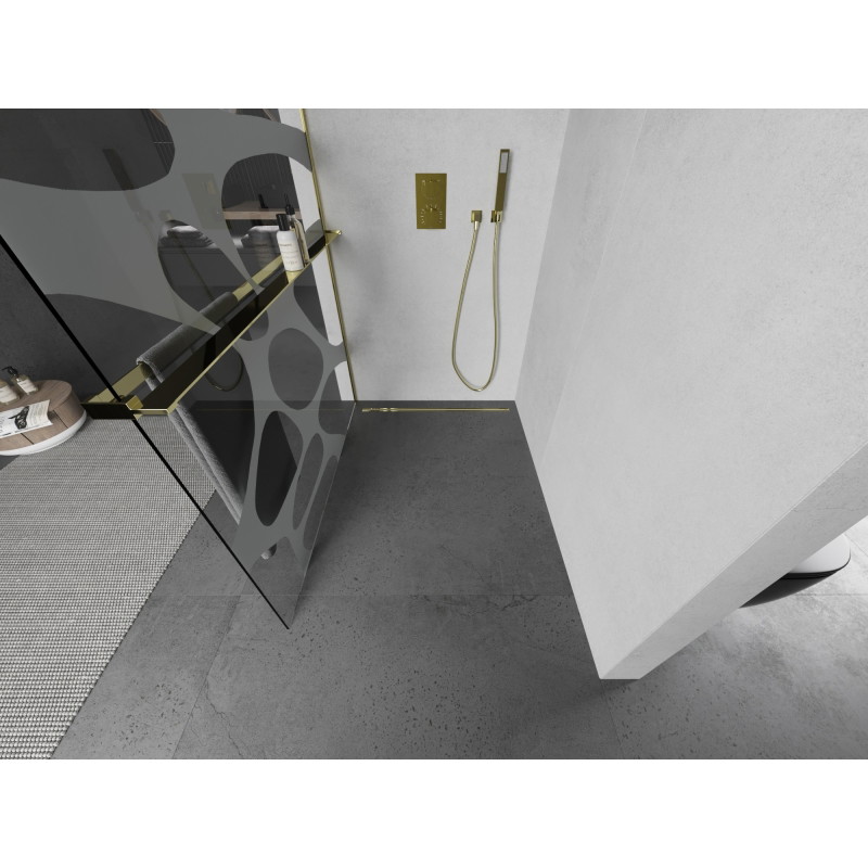 Mexen Kioto+ L paroi de douche avec étagère Walk-in 100 x 200 cm, vague blanche, or - 800-100-123-50-97