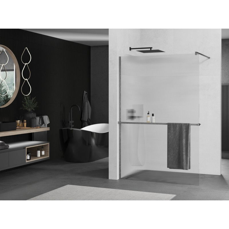 Mexen Kioto+ paroi de douche avec étagère Walk-in 100 x 200 cm, rayures, gris fusil brossé - 800-100-121-66-09