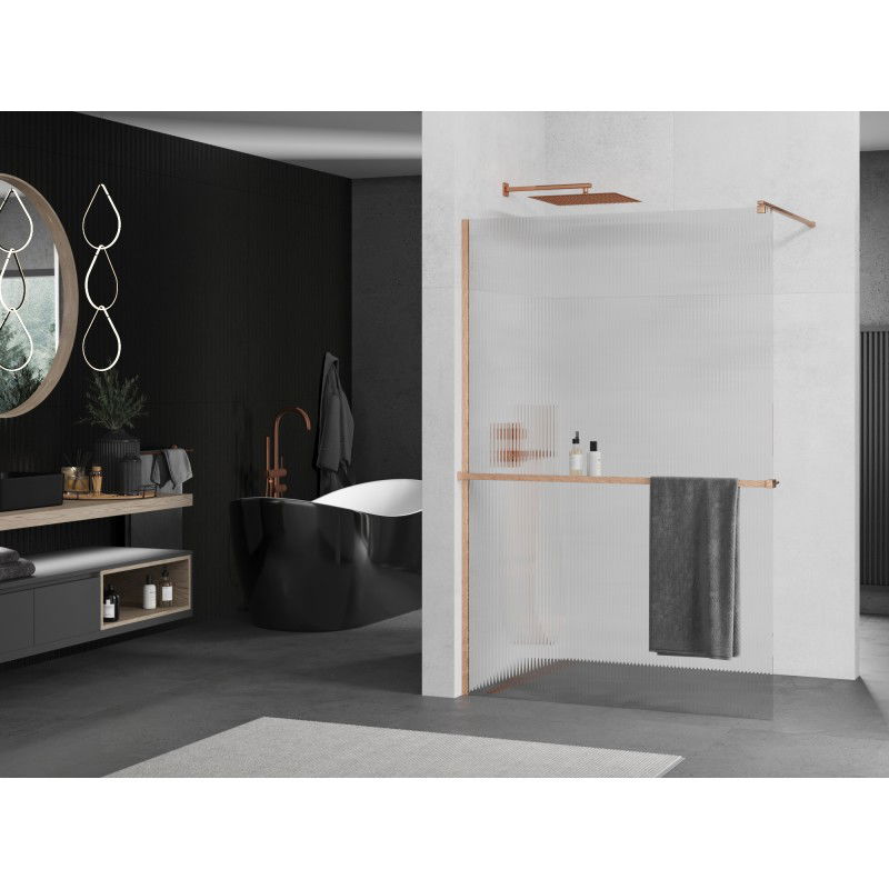 Mexen Kioto+ paroi de douche avec étagère Walk-in 100 x 200 cm, rayures, cuivre brossé - 800-100-121-65-09