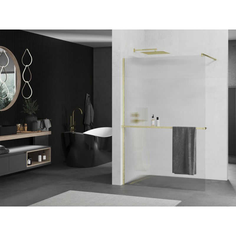 Mexen Kioto+ paroi de douche avec étagère Walk-in 100 x 200 cm, rainures, or brossé - 800-100-121-55-09