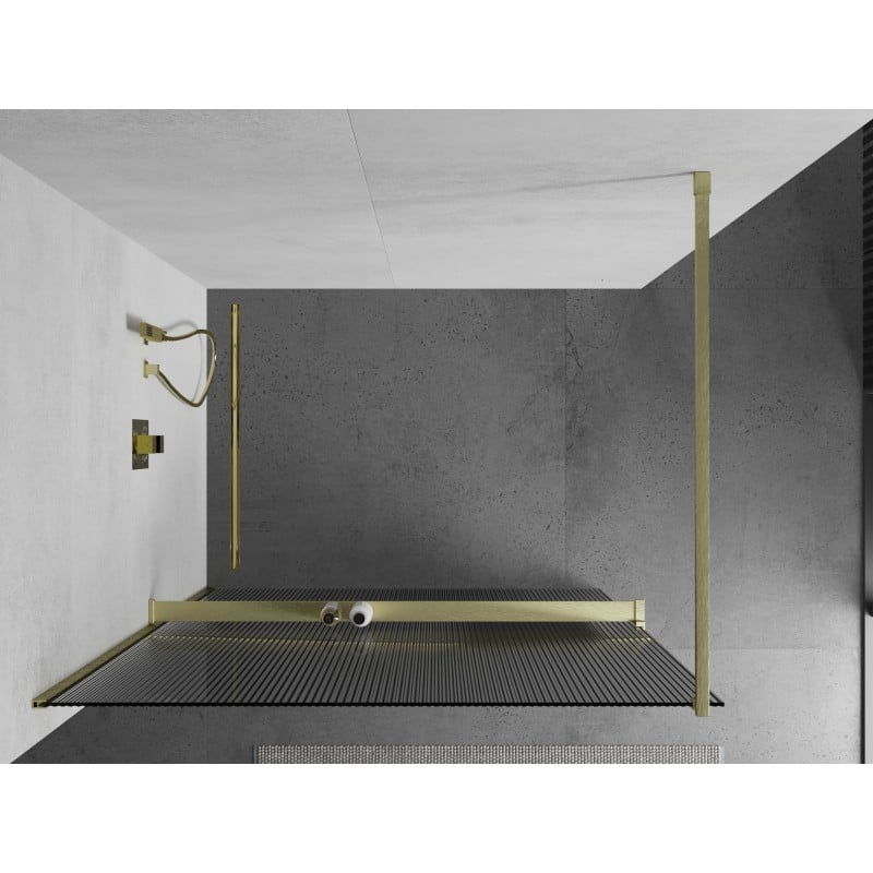 Mexen Kioto+ paroi de douche avec étagère Walk-in 130 x 200 cm, stries, or brossé - 800-130-121-55-09