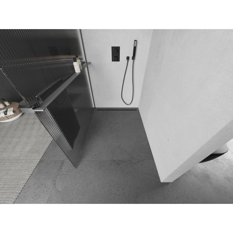 Mexen Kioto+ L paroi de douche avec étagère Walk-in 120 x 200 cm, rayures, gris canon brossé - 800-120-123-66-09