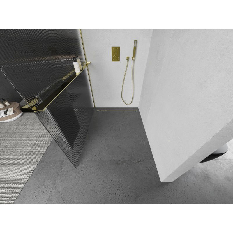 Mexen Kioto+ L paroi de douche avec étagère Walk-in 90 x 200 cm, rayures, or - 800-090-123-50-09
