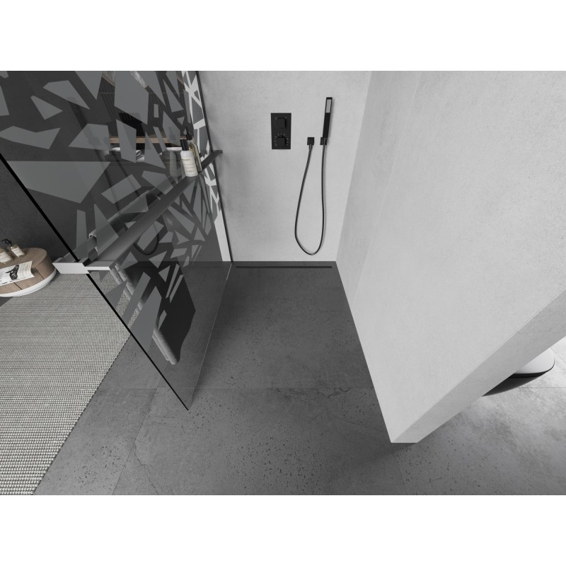 Mexen Kioto+ L paroi de douche avec étagère Walk-in 100 x 200 cm, motif blanc, gun metal - 800-100-123-95-85