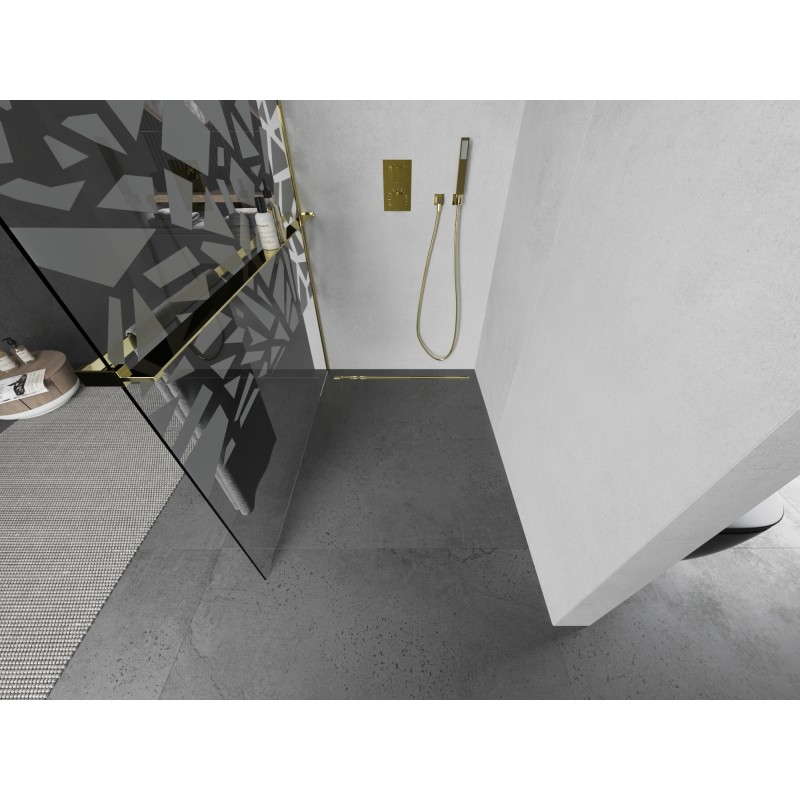 Mexen Kioto+ L paroi de douche avec étagère Walk-in 120 x 200 cm, motif blanc, doré - 800-120-123-50-85