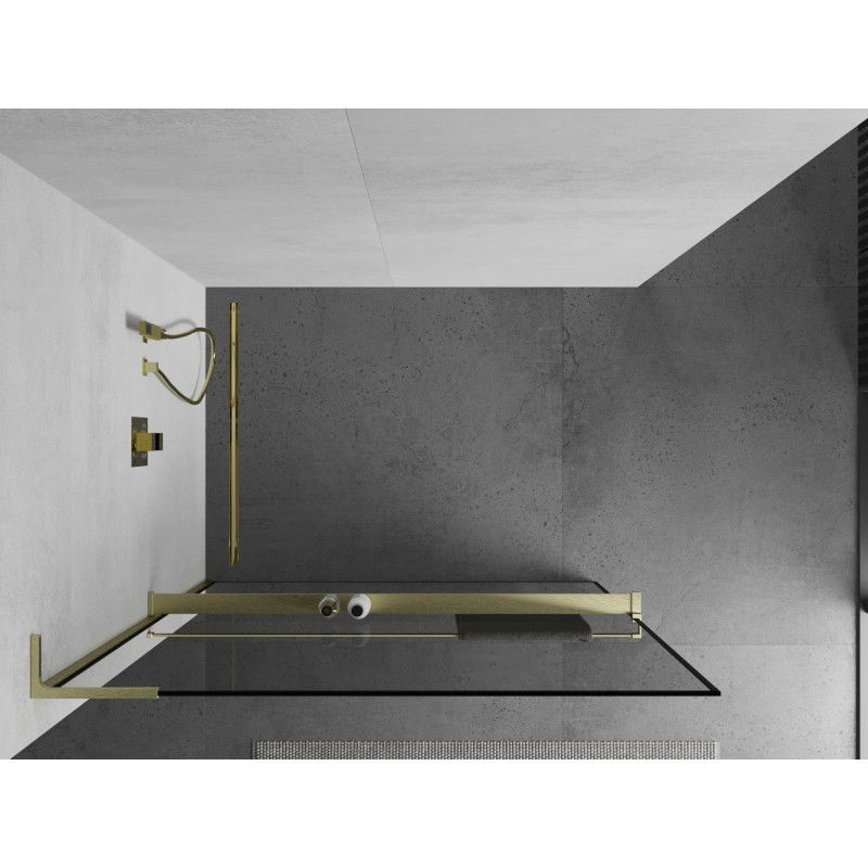 Mexen Kioto+ L paroi de douche avec étagère Walk-in 80 x 200 cm, cadre noir, doré brossé - 800-080-123-55-70