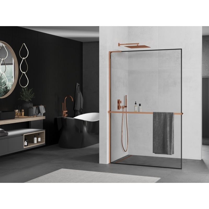 Mexen Kioto+ L paroi de douche avec étagère Walk-in 120 x 200 cm, cadre noir, or rose - 800-120-123-60-70