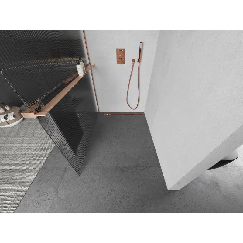 Mexen Kioto+ L paroi de douche avec étagère Walk-in 100 x 200 cm, striée, cuivre brossé - 800-100-123-65-09