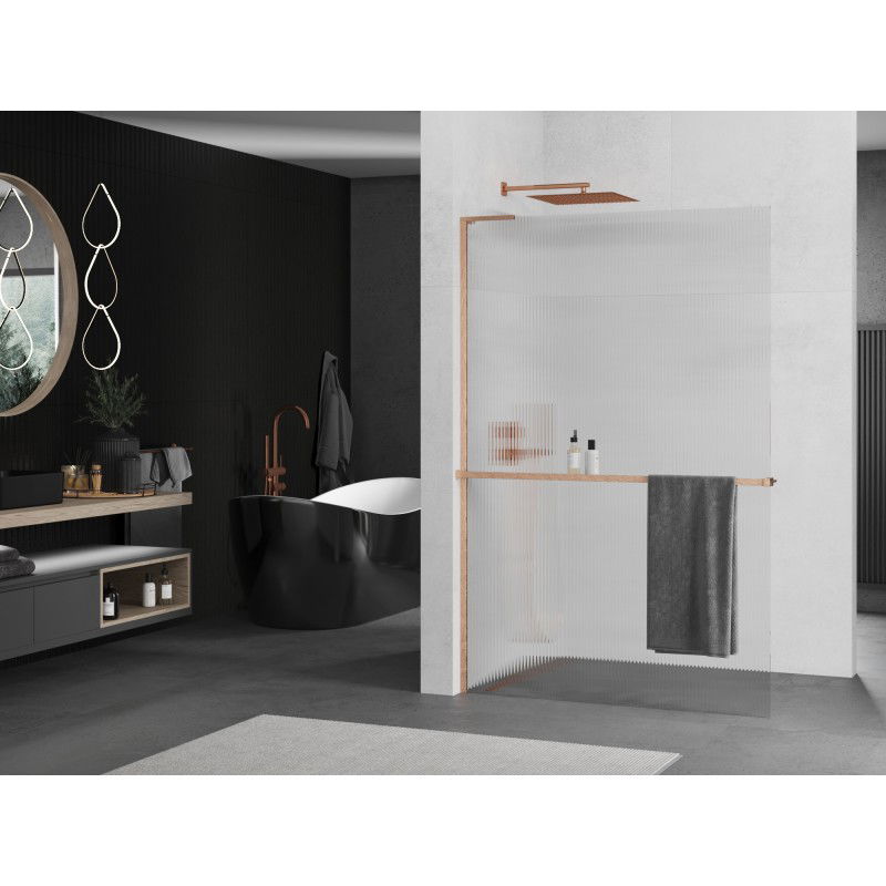 Mexen Kioto+ L paroi de douche avec étagère Walk-in 120 x 200 cm, rayures, cuivre brossé - 800-120-123-65-09