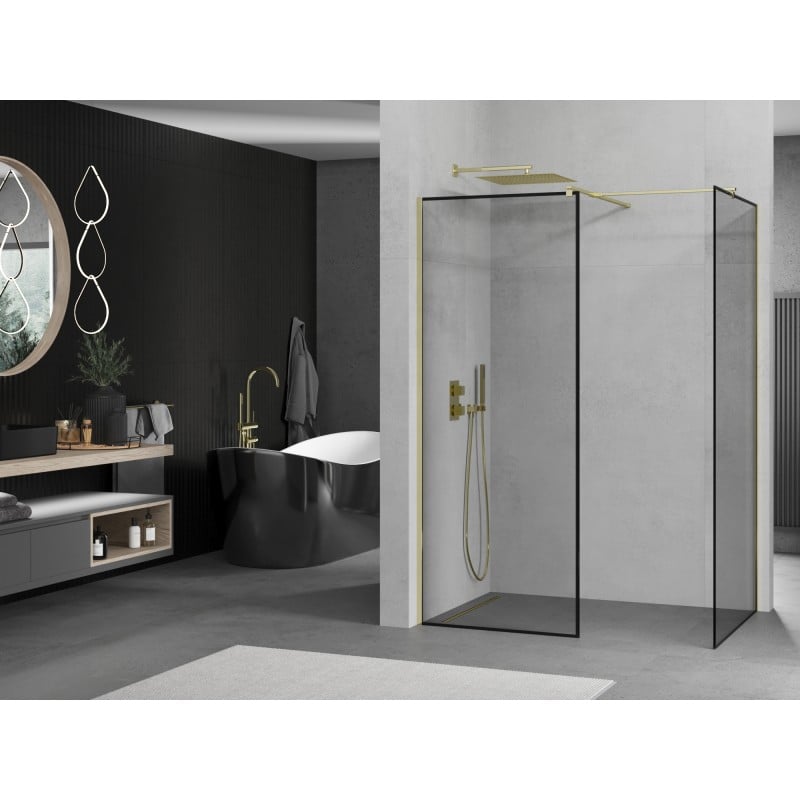 Mexen Kioto paroi de douche Walk-in 80 x 70 cm, cadre noir, doré - 800-080-202-50-70-070