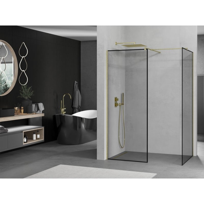 Mexen Kioto paroi de douche Walk-in 70 x 70 cm, cadre noir, doré brossé - 800-070-202-55-70-070