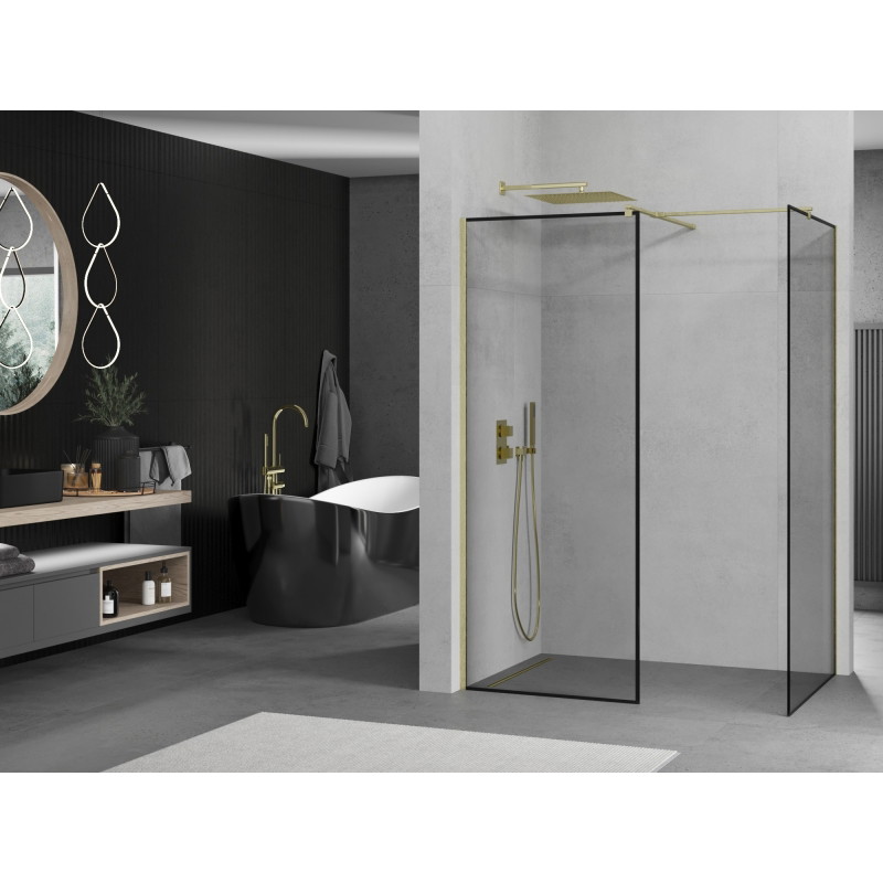 Mexen Kioto paroi de douche Walk-in 160 x 80 cm, cadre noir, or brossé - 800-160-202-55-70-080
